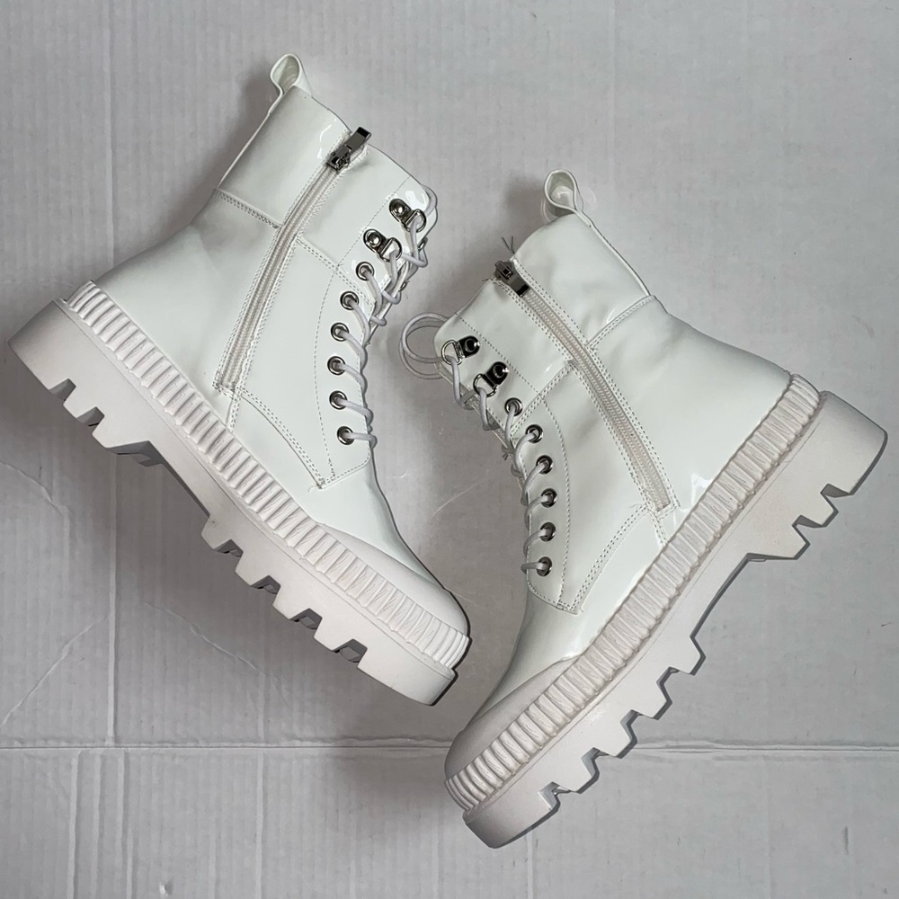 Chase And Chloe Chelsey Lug Sole White Patent Combat Boots - Picture 9 of 12